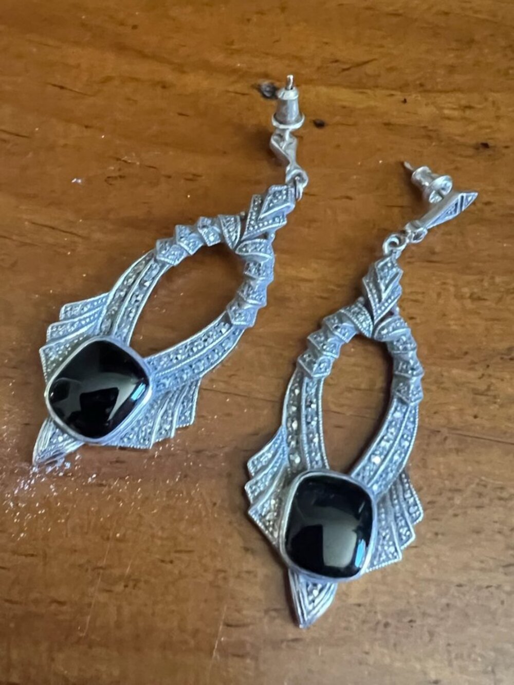 Sterling Silver/Marcasite & Black Onyx Drop Earrings